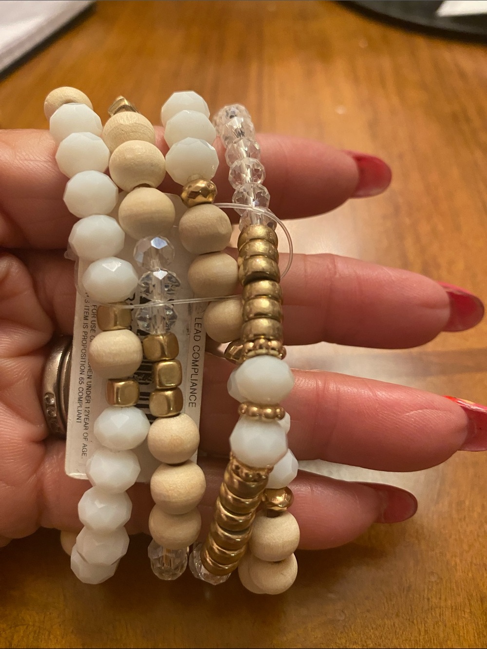 Neutral White & Wood Bead Stretch Bracelet Set with Gold Accents